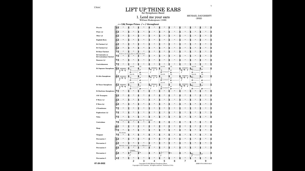 Michael Daugherty: LIFT UP THINE EARS for Symphonic Band (Score-MIDI Realization)